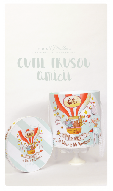 Trusou de botez unisex cu animale si baloane de aer cald, Amicii 4